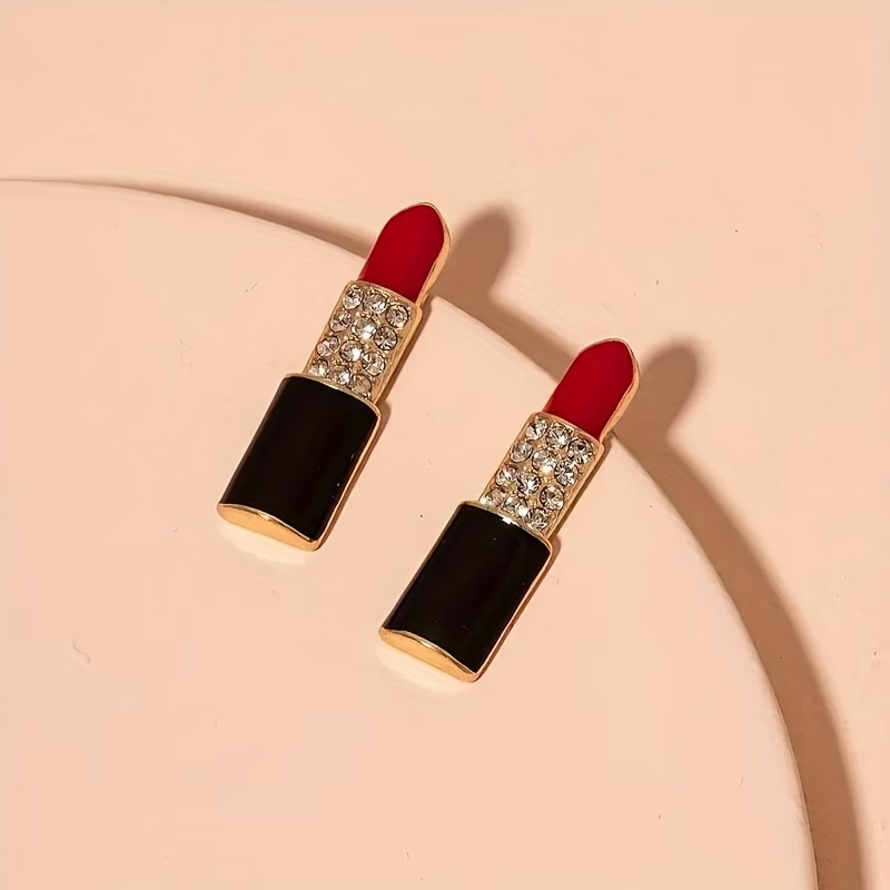 Sparkling Lipstick Design Inlaid Rhinestone Earrings